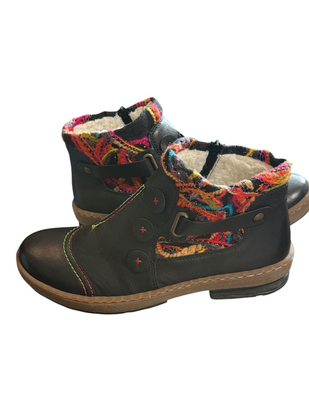 Rieker Black Leather Ankle Boots Faux Fur Lined Colorful Stitching US 11 NWT - Picture 10 of 13
